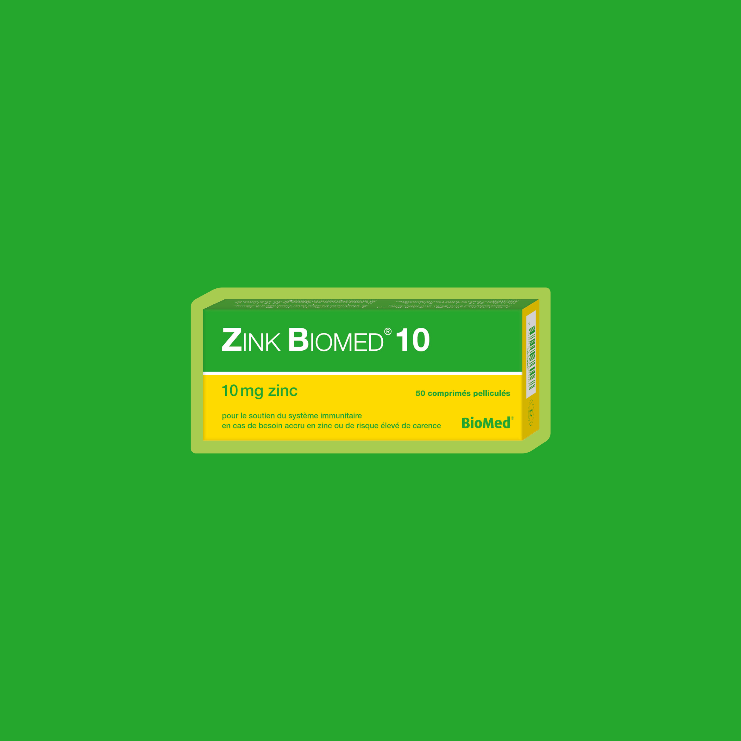 Das Nahrungsergänzungsmittel Zink Biomed 10 ist auf einem grünen Hintergrund abgebildet.