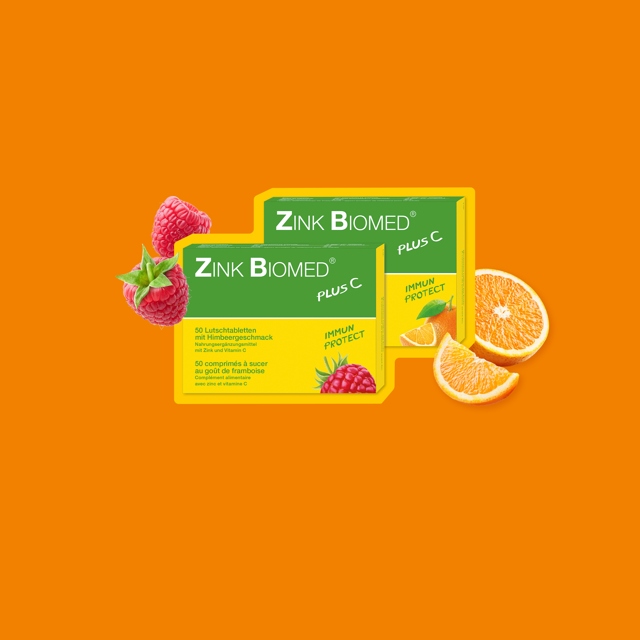 Das Produkt Zink Biomed Plus C ist zwei Mal vor einem orangen Hintergrund abgebildet. Links im Bild sind zwei Himbeeren zu sehen, rechts zwei Orangenschnitze.